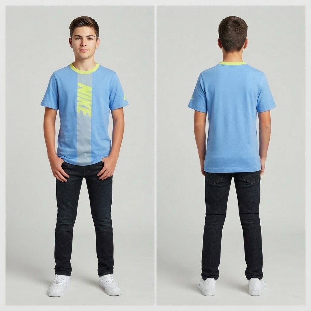 Nike Boys XL Light Blue Neon Green Vertical Logo Graphic T-Shirt DO1799-412